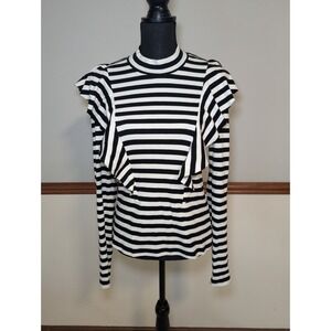 Veronica Beard Striped Ruffle Top Black And White Size Medium Preppy Mock Neck